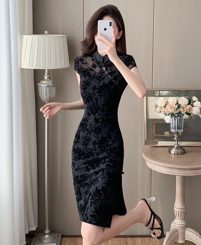 Summer slim printing cheongsam flocking elasticity dress