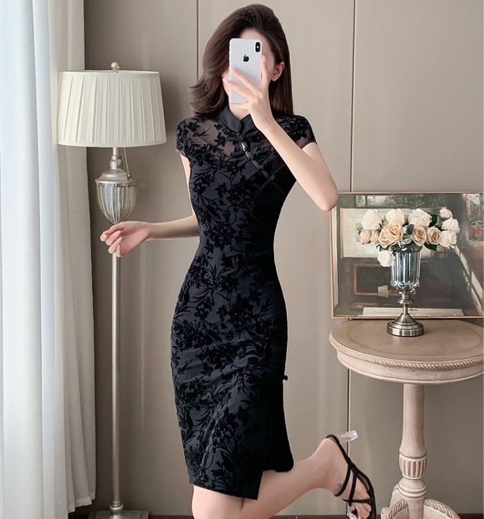 Summer slim printing cheongsam flocking elasticity dress