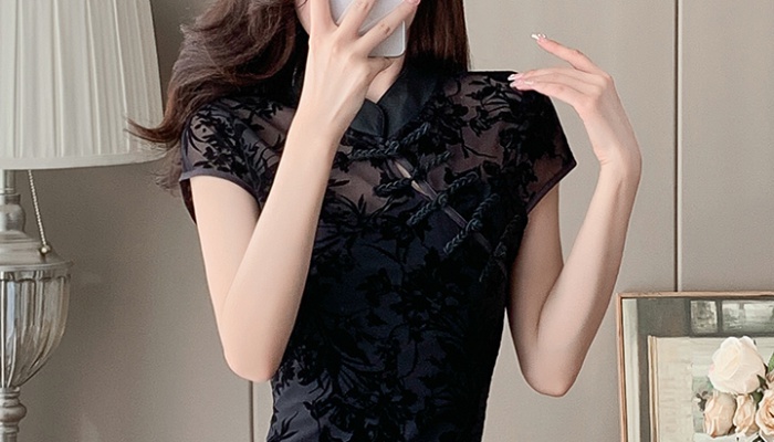 Summer slim printing cheongsam flocking elasticity dress