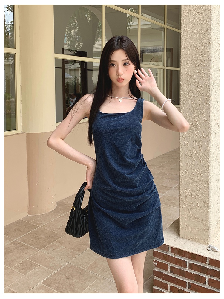 Summer square collar knitted denim dress for women