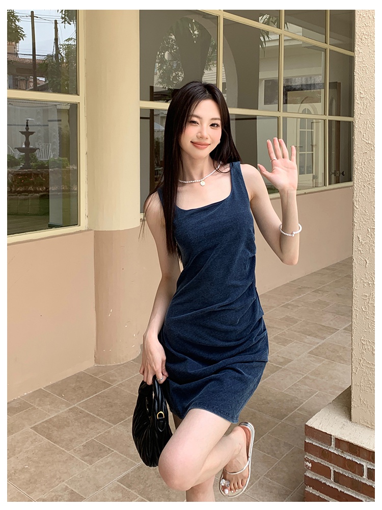 Summer square collar knitted denim dress for women