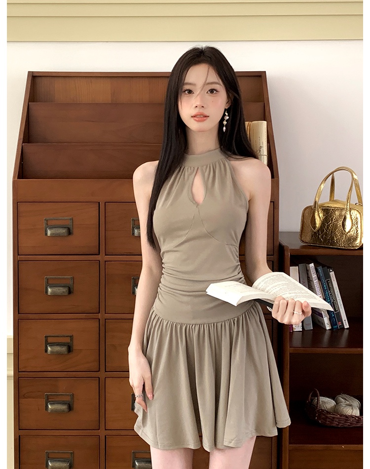 Elegant round neck France style pure sleeveless summer dress