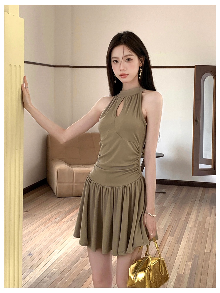 Elegant round neck France style pure sleeveless summer dress