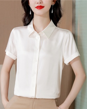 Opaque short sleeve satin tops real silk summer white shirt