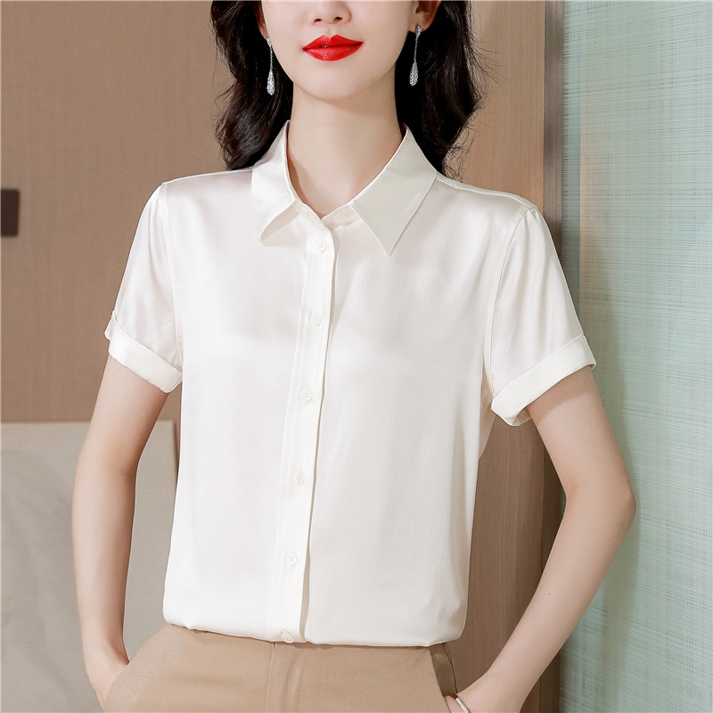 Opaque short sleeve satin tops real silk summer white shirt