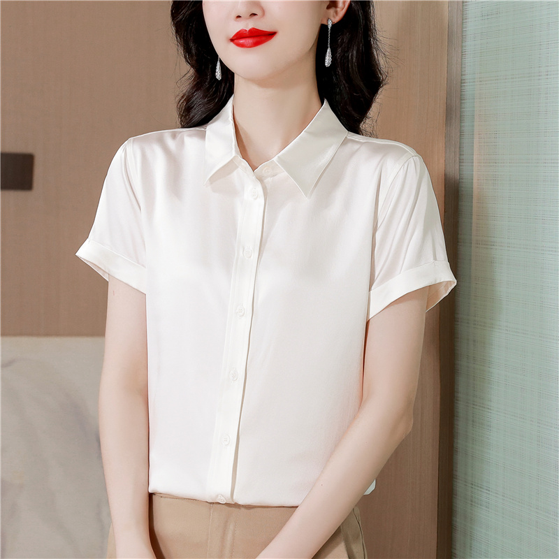 Opaque short sleeve satin tops real silk summer white shirt