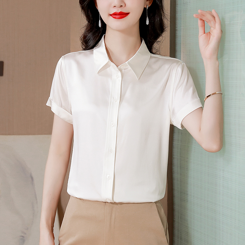 Opaque short sleeve satin tops real silk summer white shirt