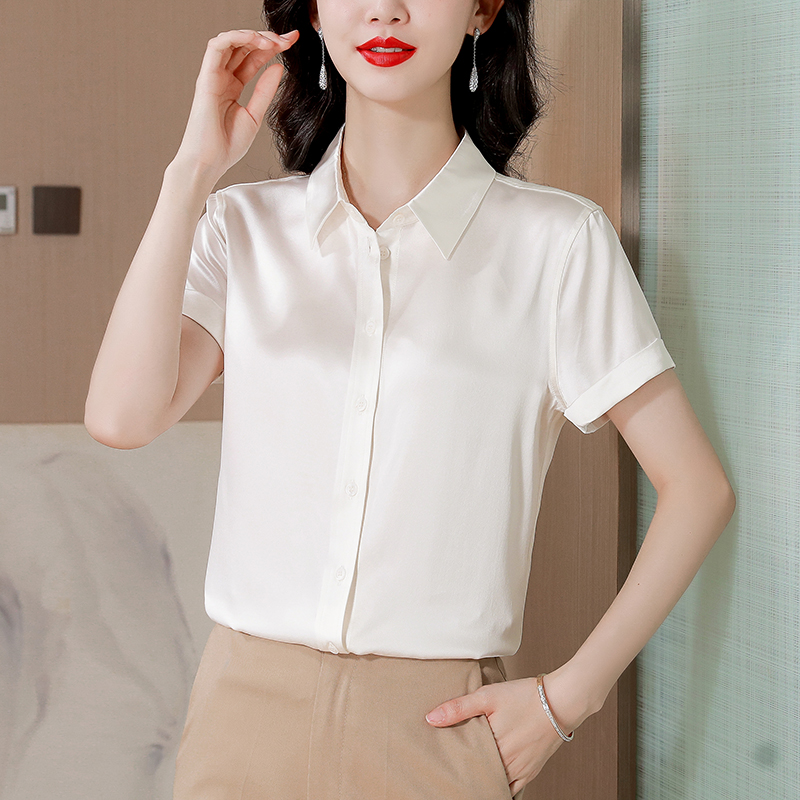 Opaque short sleeve satin tops real silk summer white shirt