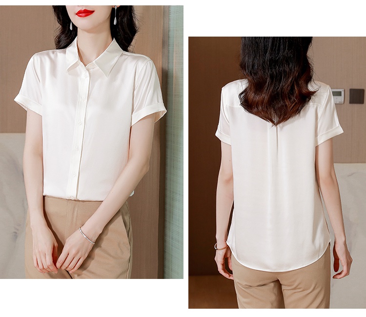 Opaque short sleeve satin tops real silk summer white shirt