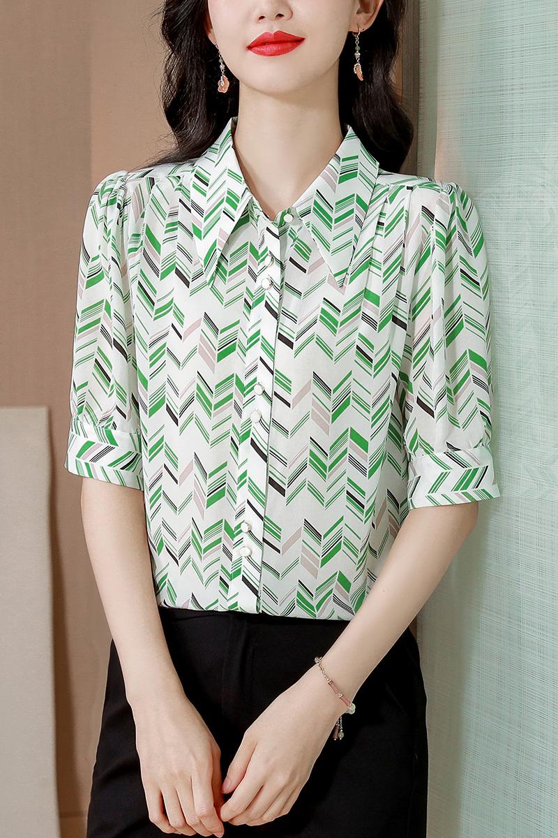 Stripe colors real silk shirt silk short sleeve tops for women