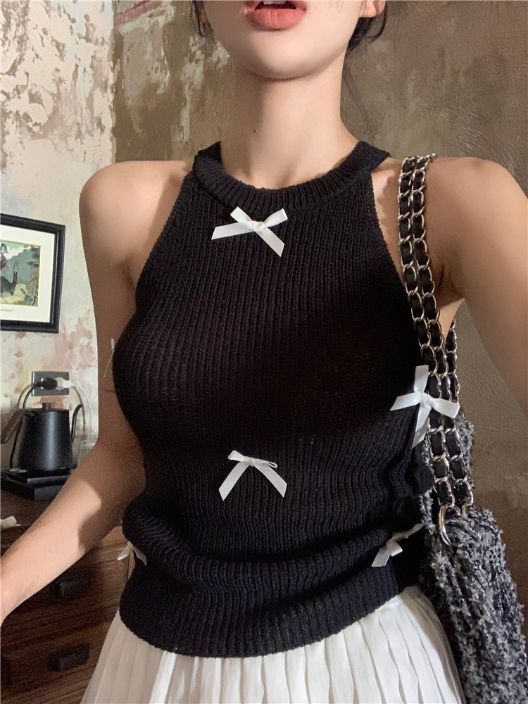 Short sling knitted vest sleeveless bow tops for women