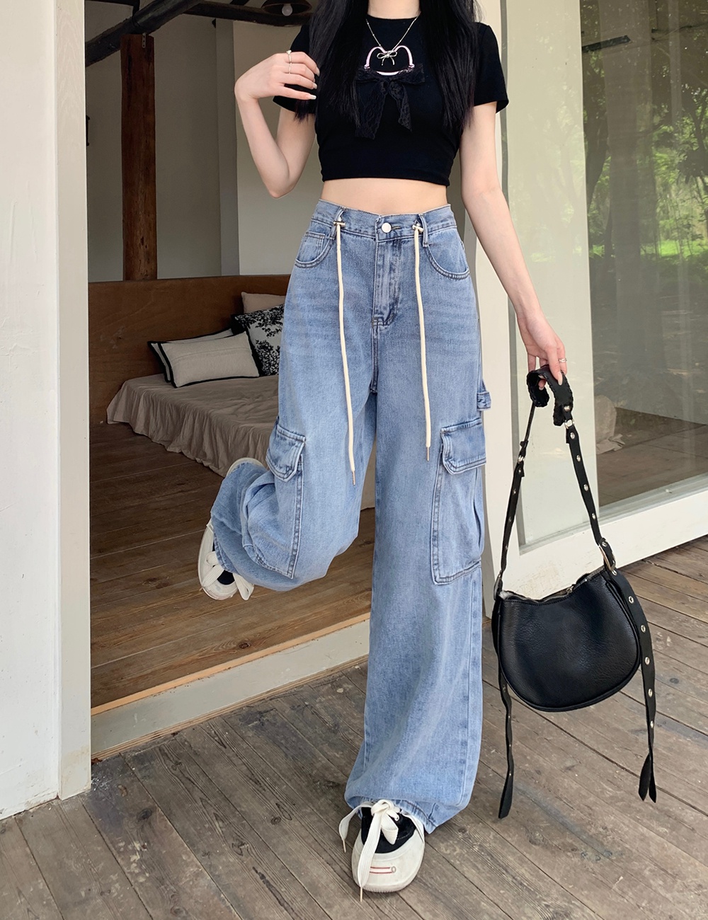 Wide leg work clothing waistband long pants for women