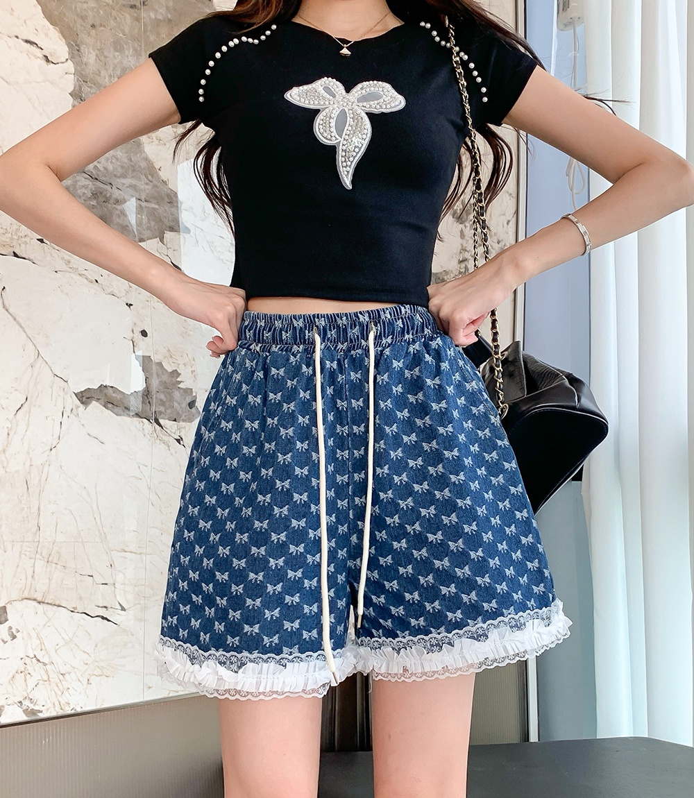 Loose lace bow jacquard Western style short jeans