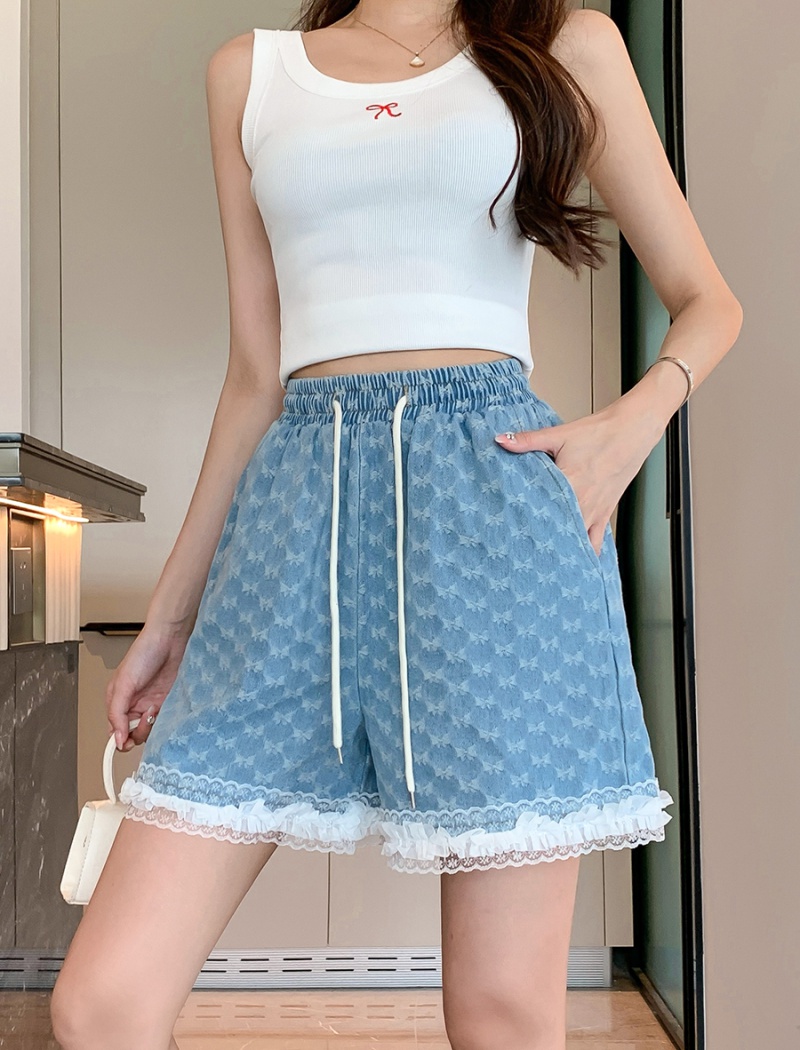 Loose lace bow jacquard Western style short jeans