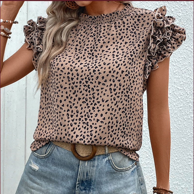 Leopard summer short sleeve lotus leaf edges shirt