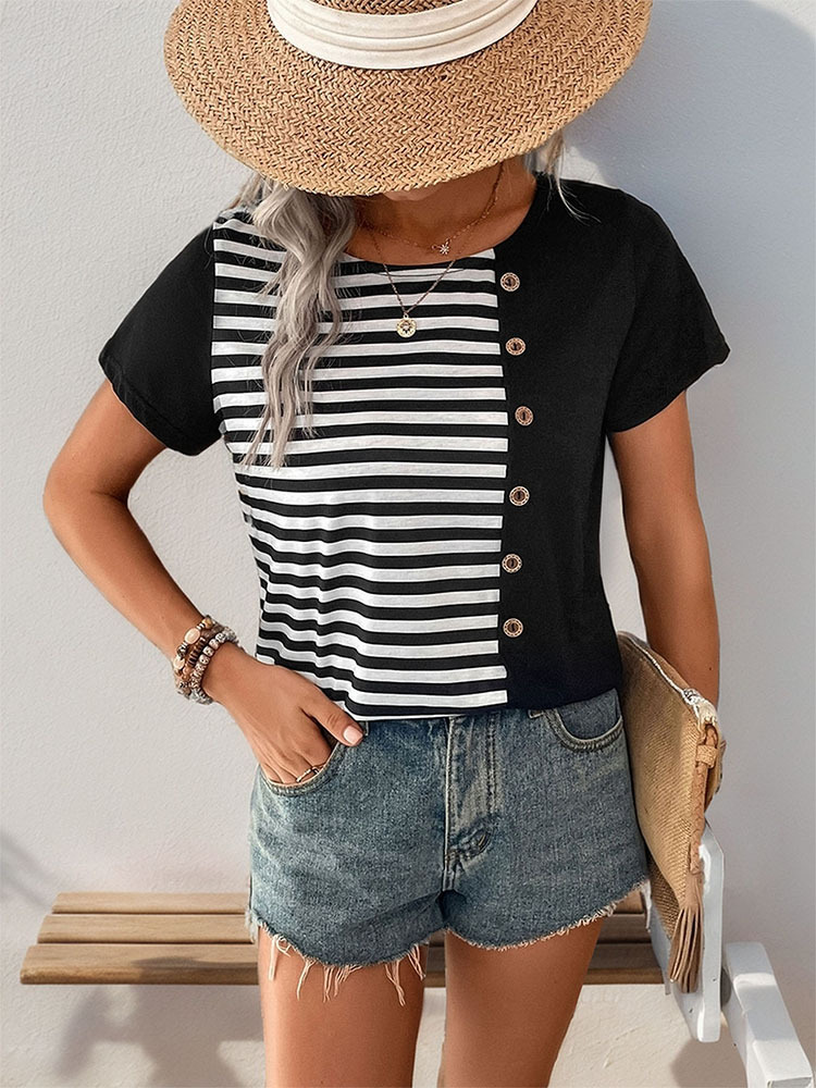 Stripe splice summer European style T-shirt for women