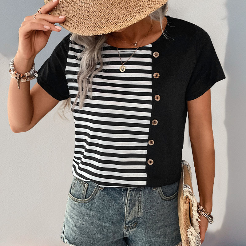 Stripe splice summer European style T-shirt for women