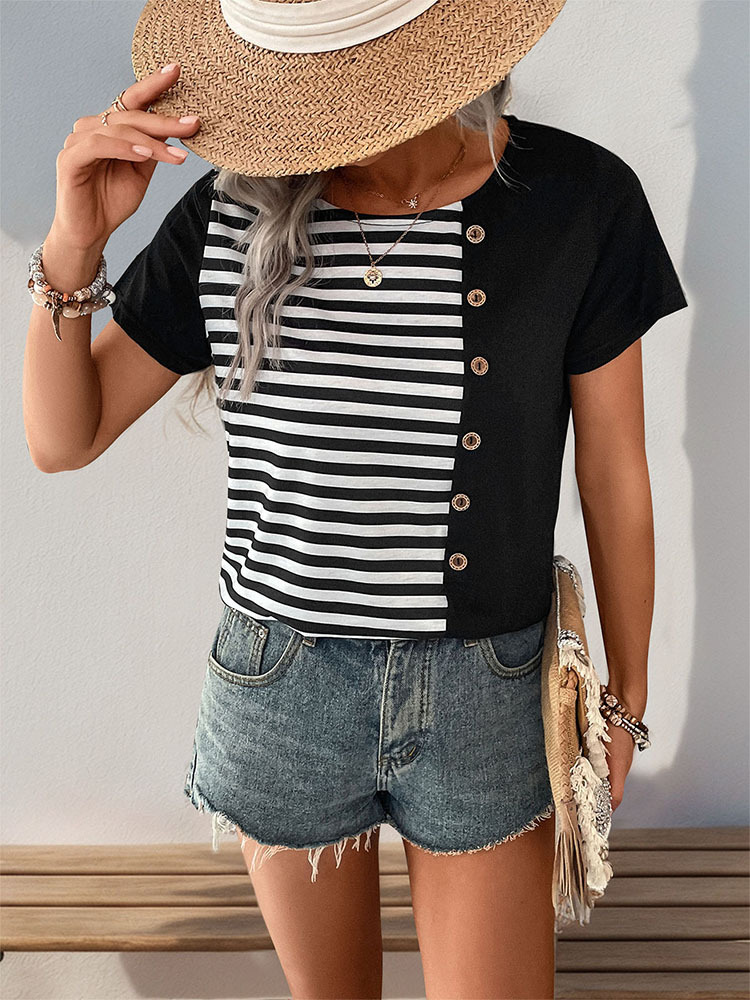 Stripe splice summer European style T-shirt for women