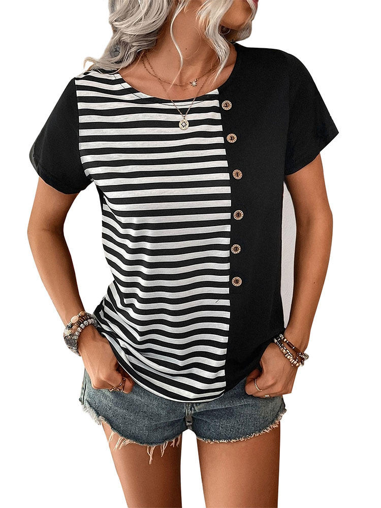 Stripe splice summer European style T-shirt for women