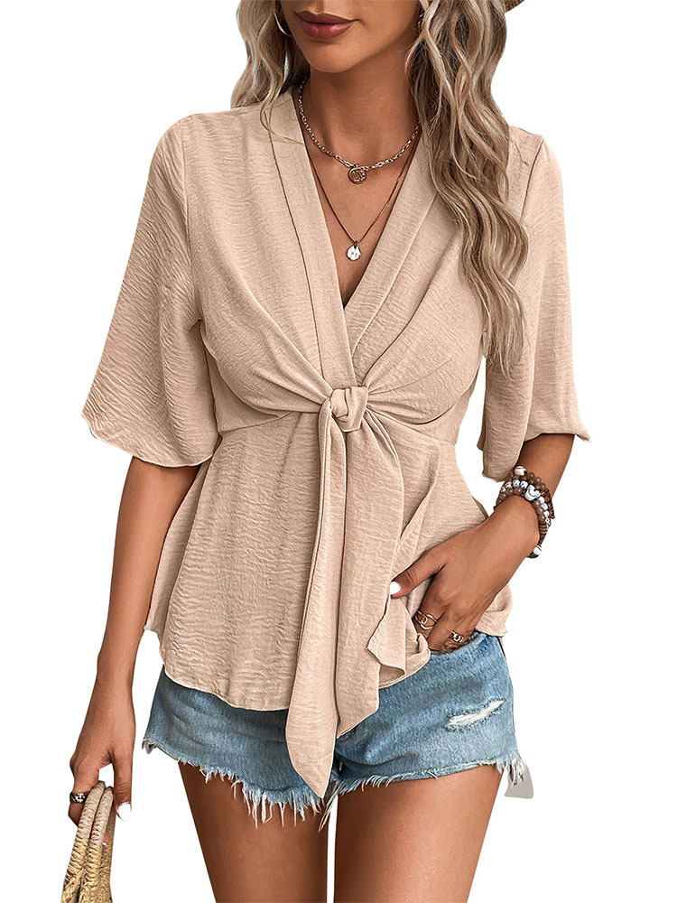 V-neck European style summer pure shirt for women