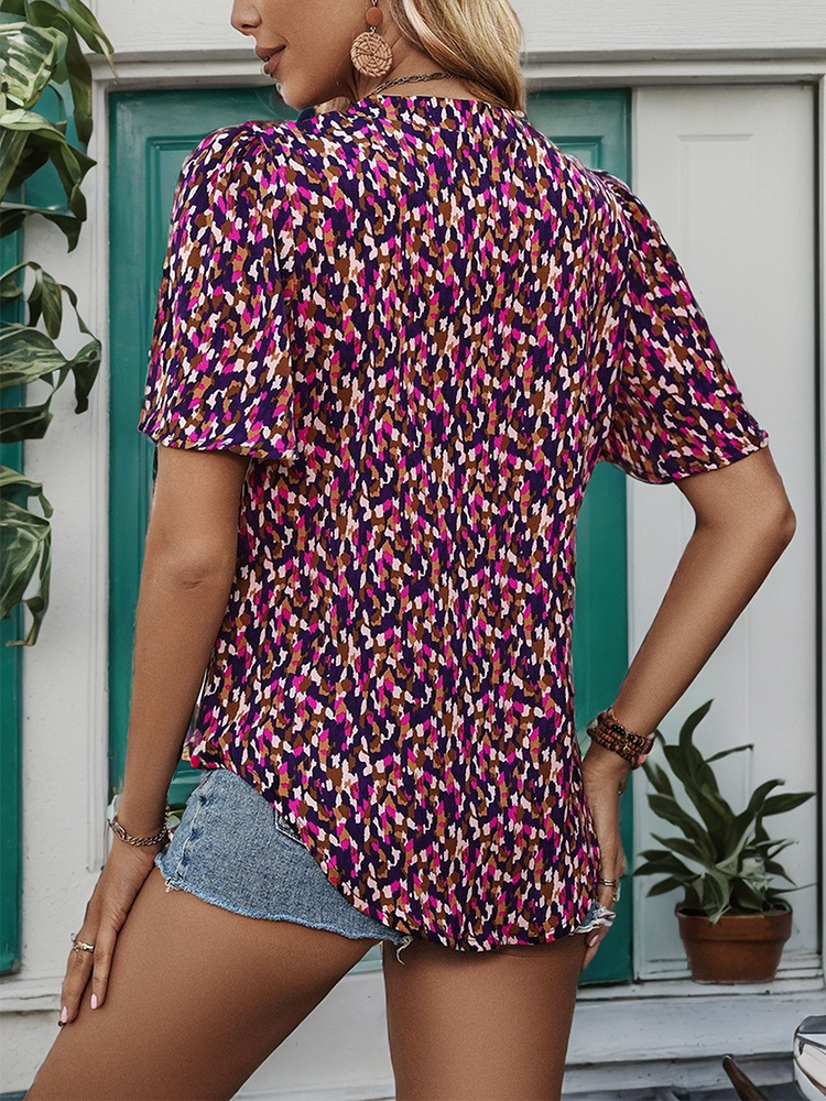 Printing short sleeve summer V-neck shirt for women