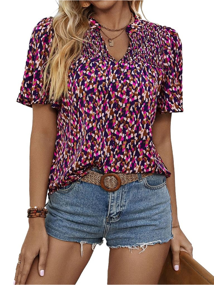 Printing short sleeve summer V-neck shirt for women