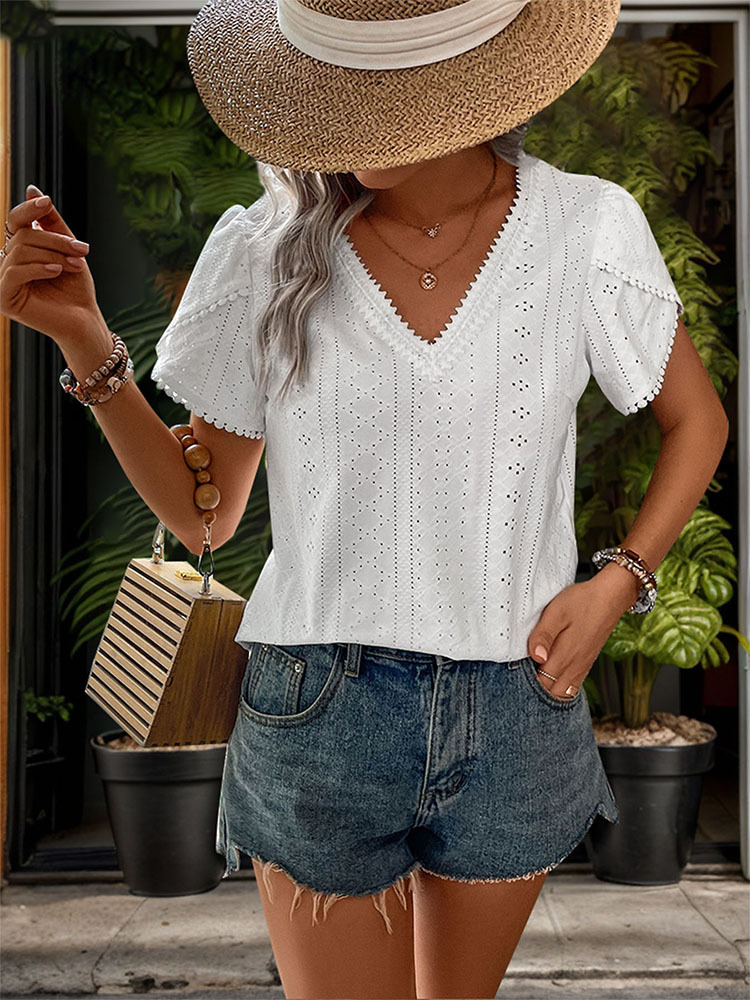 European style V-neck white summer shirt