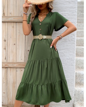 Green long V-neck summer European style dress
