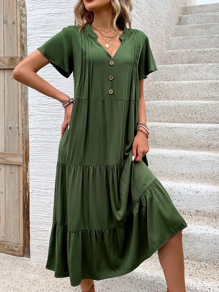 Green long V-neck summer European style dress