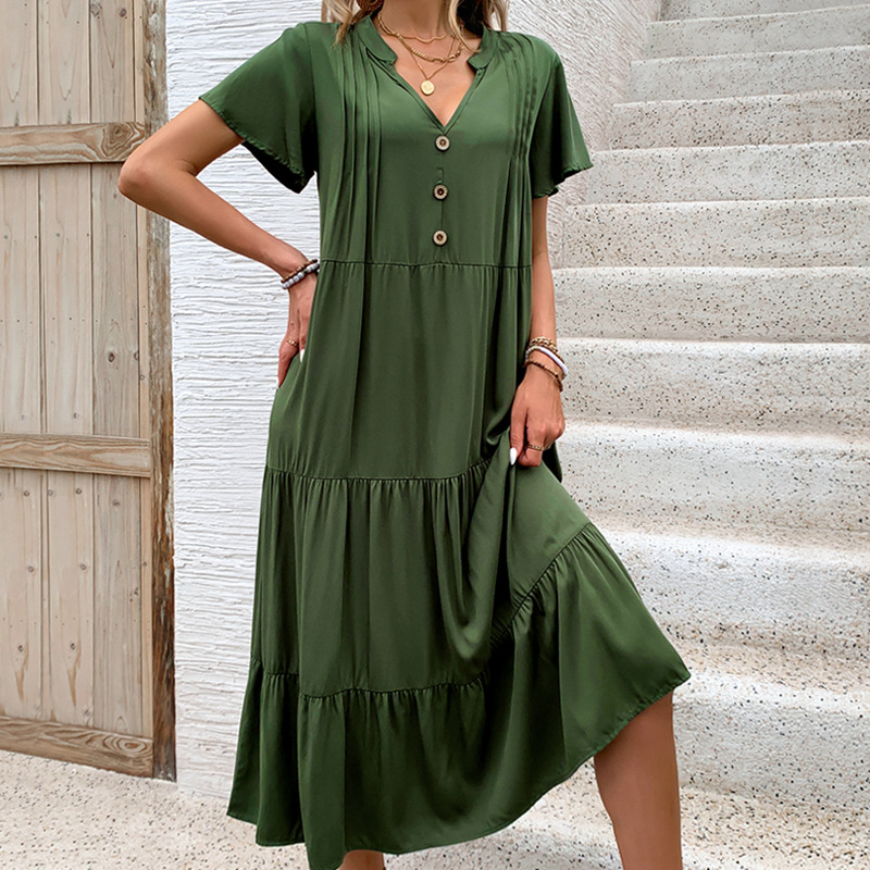 Green long V-neck summer European style dress