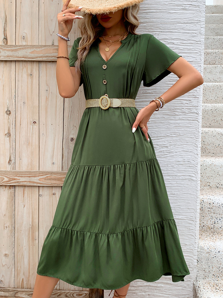 Green long V-neck summer European style dress