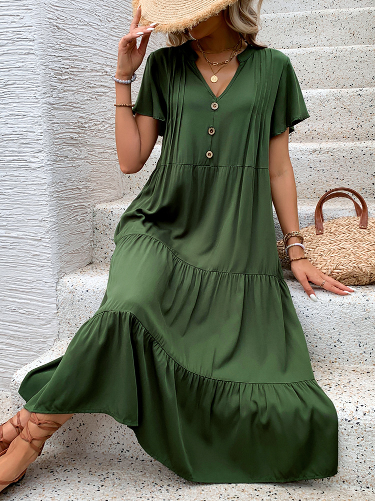 Green long V-neck summer European style dress