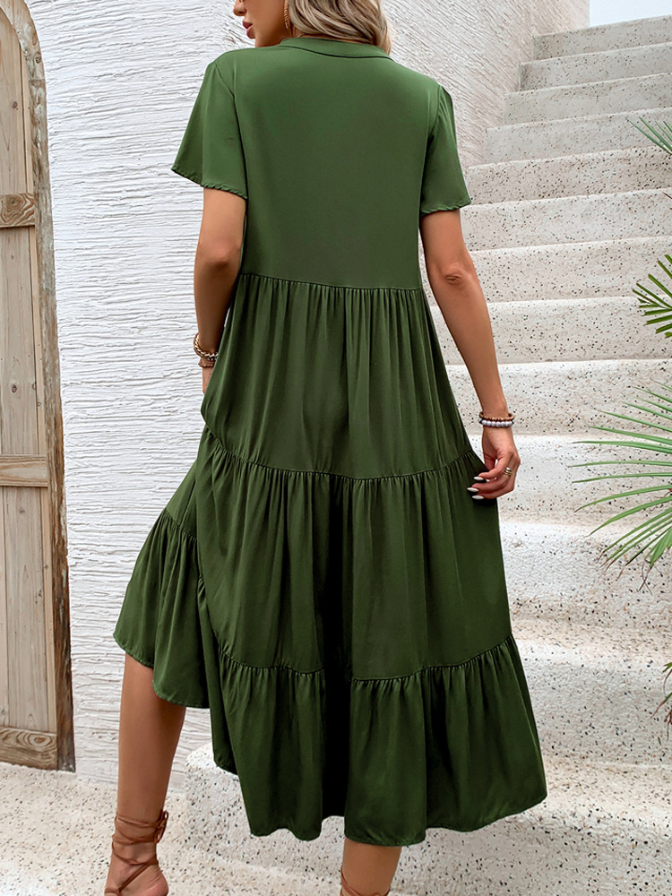 Green long V-neck summer European style dress