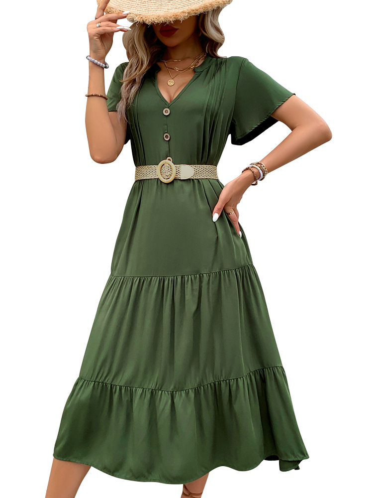 Green long V-neck summer European style dress