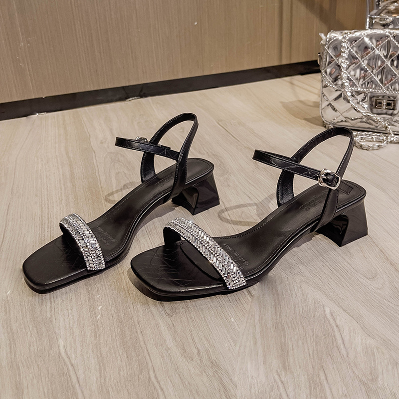 Silver square head sandals cingulate high-heeled shoes