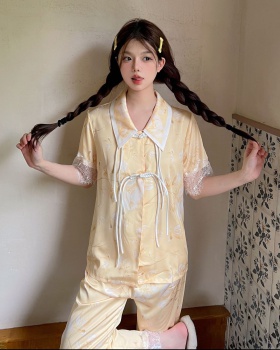 Chinese style summer long pants short sleeve sweet pajamas