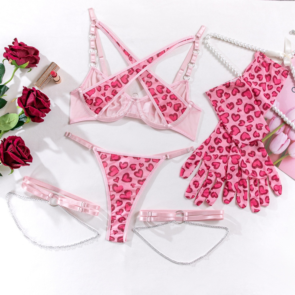 Chain pink metal gift leopard Sexy underwear a set