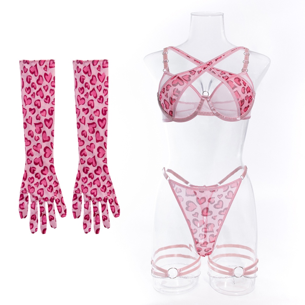 Chain pink metal gift leopard Sexy underwear a set