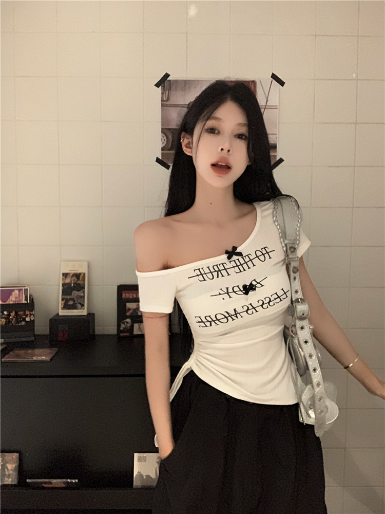 Drawstring strapless tops short sleeve T-shirt for women