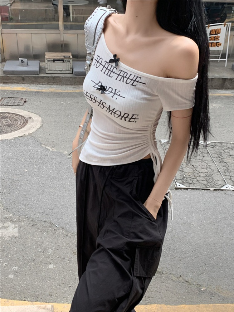 Drawstring strapless tops short sleeve T-shirt for women