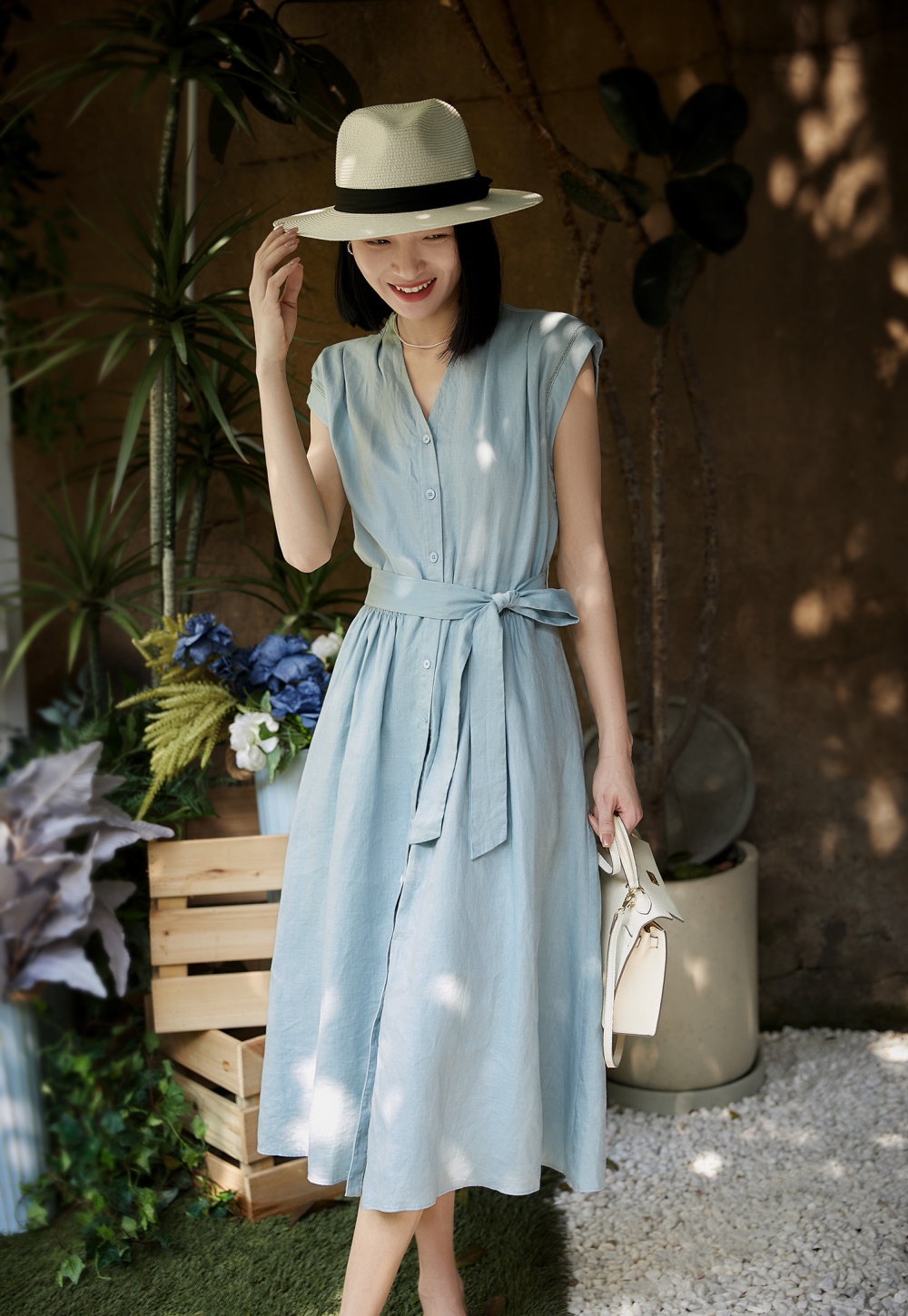 Flax high waist V-neck big natural elegant summer dress