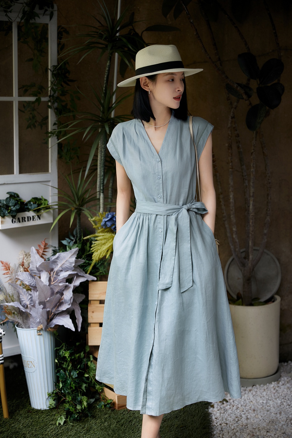 Flax high waist V-neck big natural elegant summer dress