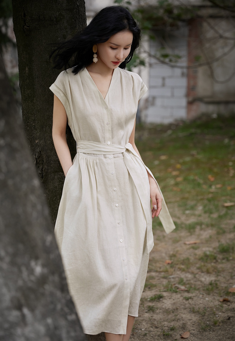 Flax high waist V-neck big natural elegant summer dress