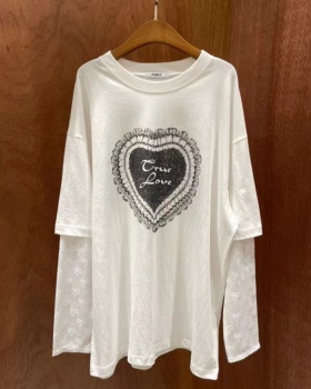 Heart Pseudo-two T-shirt large yard loose tops for women