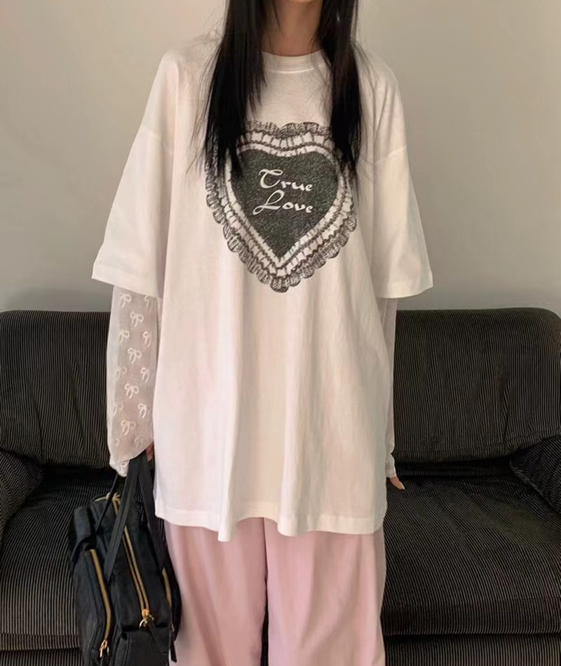 Heart Pseudo-two T-shirt large yard loose tops for women