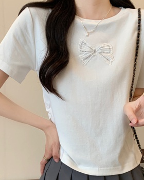 Cotton rib pure cotton bow spandex T-shirt for women