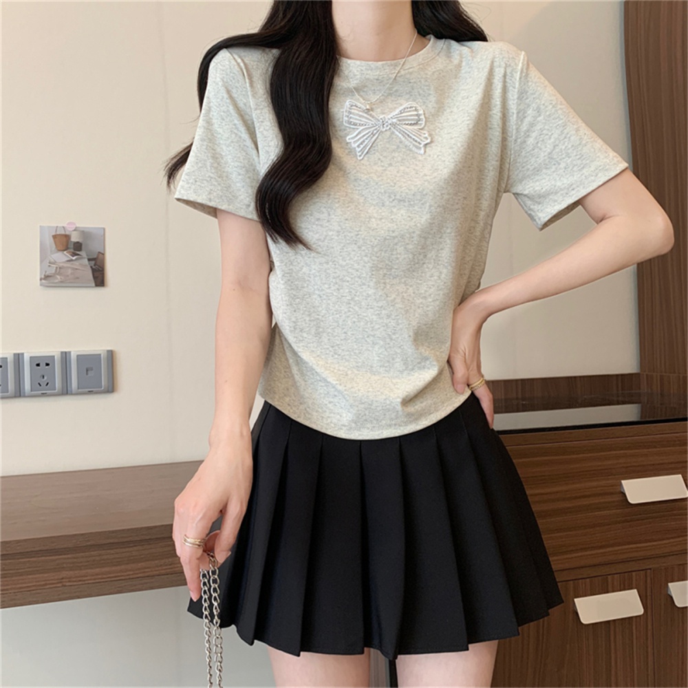 Cotton rib pure cotton bow spandex T-shirt for women