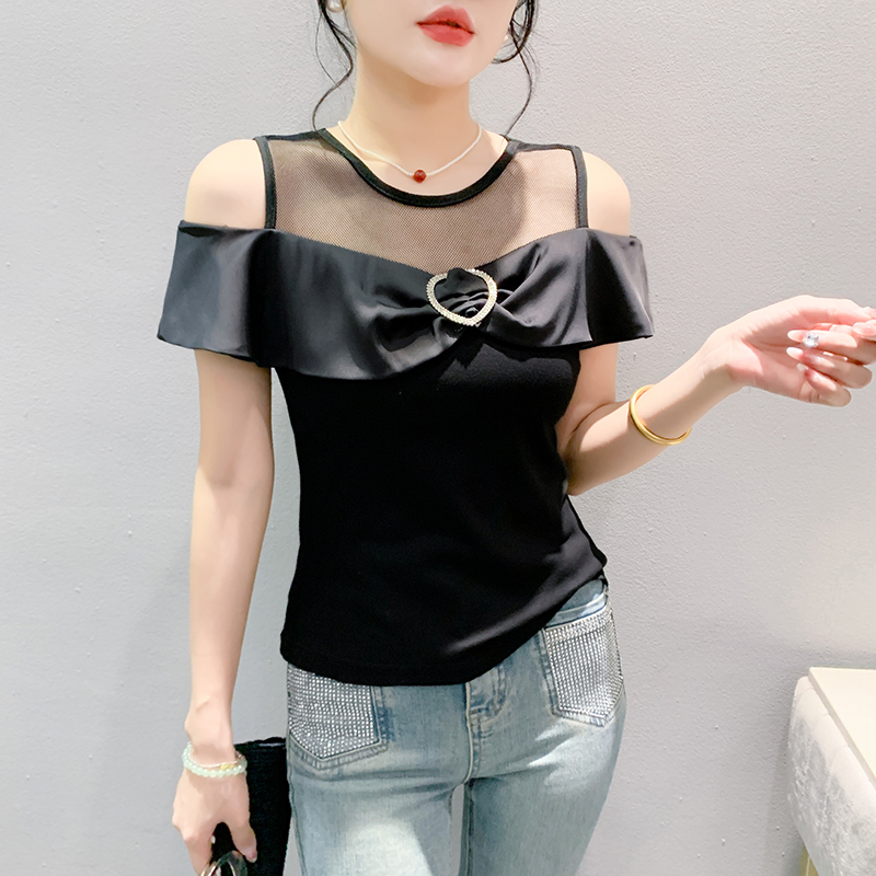 Strapless bow summer heart diamond T-shirt for women