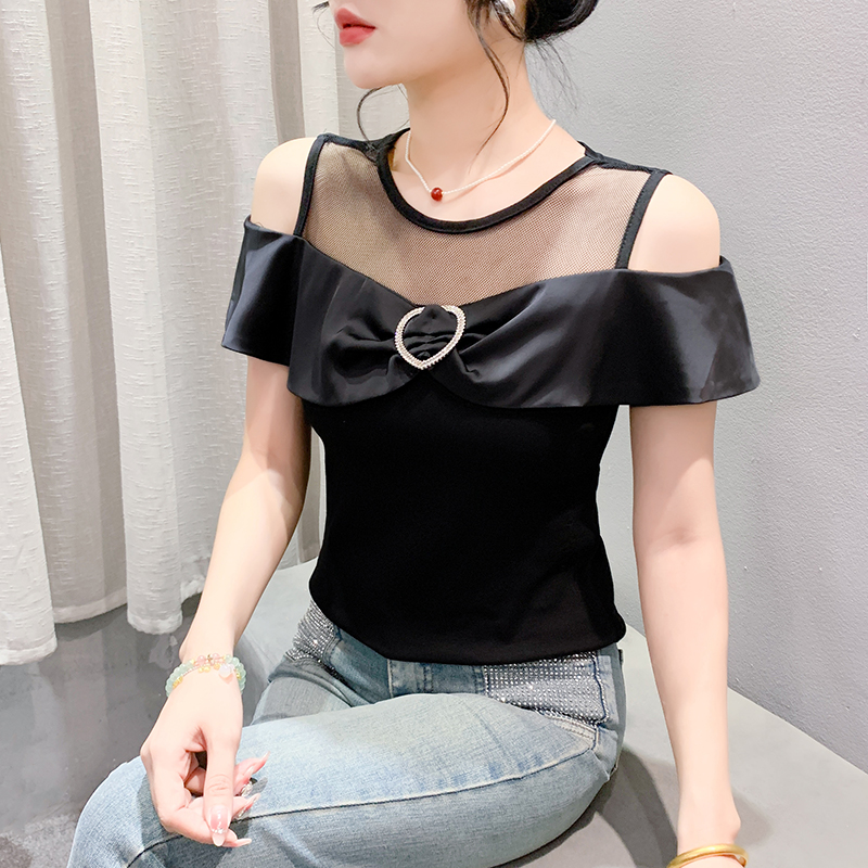 Strapless bow summer heart diamond T-shirt for women