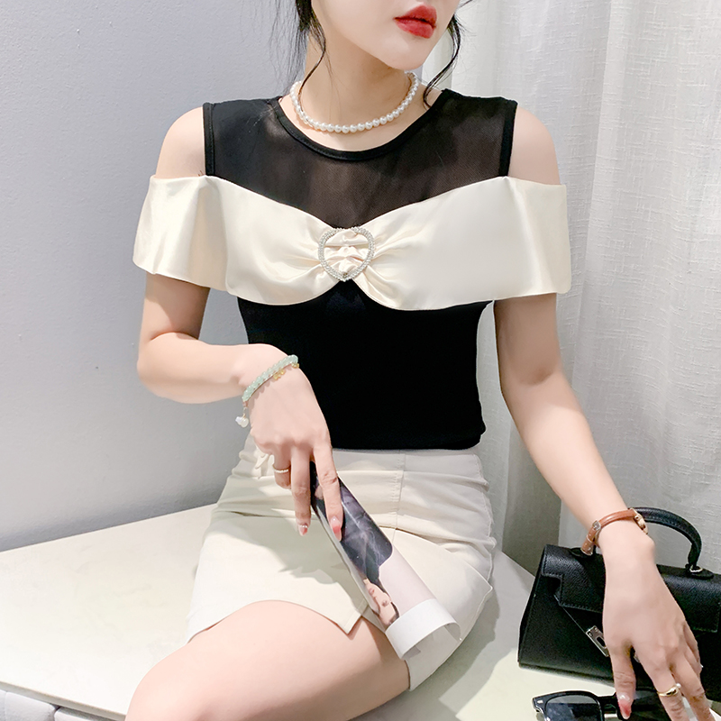 Strapless bow summer heart diamond T-shirt for women